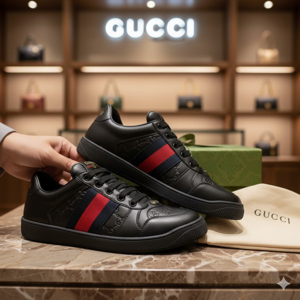 GUCCI || Mac80 Leather and Mesh Sneakers with Interlocking G Motif - FASHION MYST