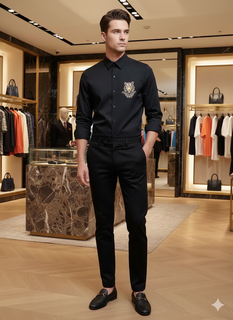 GUCCI || Men’s Embroidered Tiger Head Cotton Poplin Shirt
