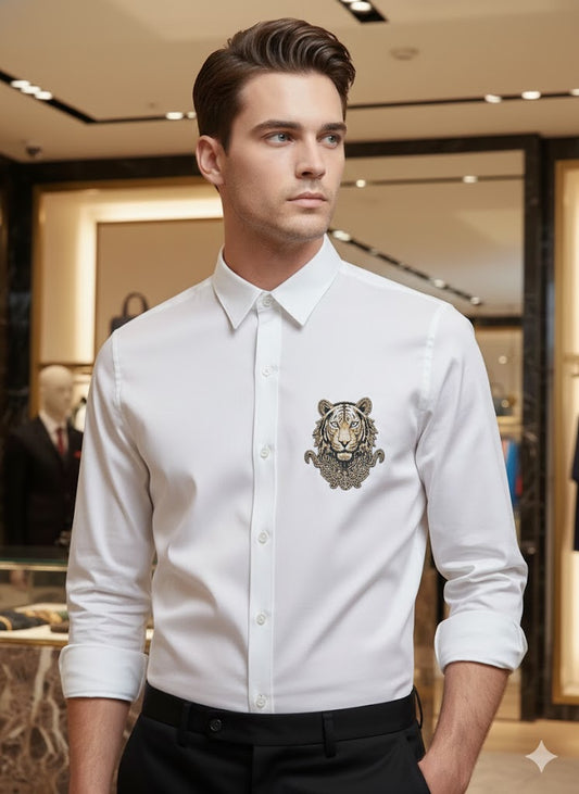 GUCCI || Men’s Embroidered Tiger Head Cotton Poplin Shirt