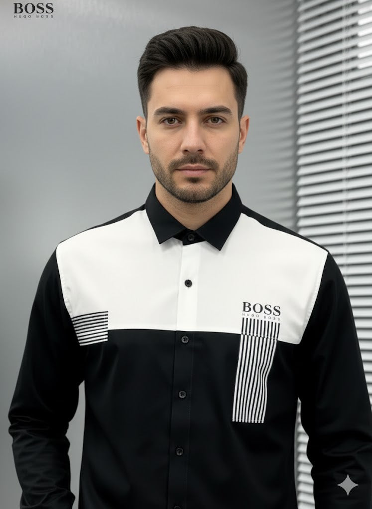 HUGO BOSS || Men's Slim-Fit Colorblock Shirt - White & Black with Logo Print