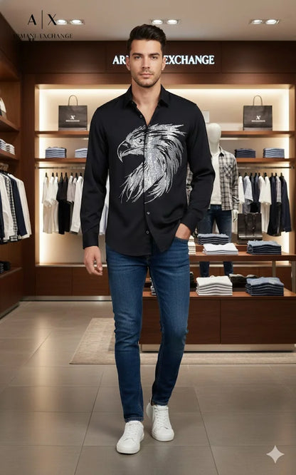 ARM*NI EXCH*NGE || Men's Long-Sleeve Shirt with Metallic Silver Eagle Graphic