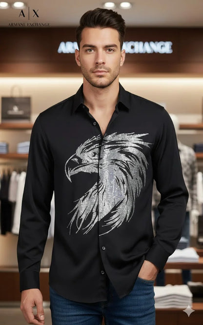 ARM*NI EXCH*NGE || Men's Long-Sleeve Shirt with Metallic Silver Eagle Graphic
