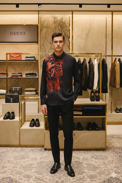 GUCCI || Men’s Black Silk Shirt with Oversized Crimson Tiger Print