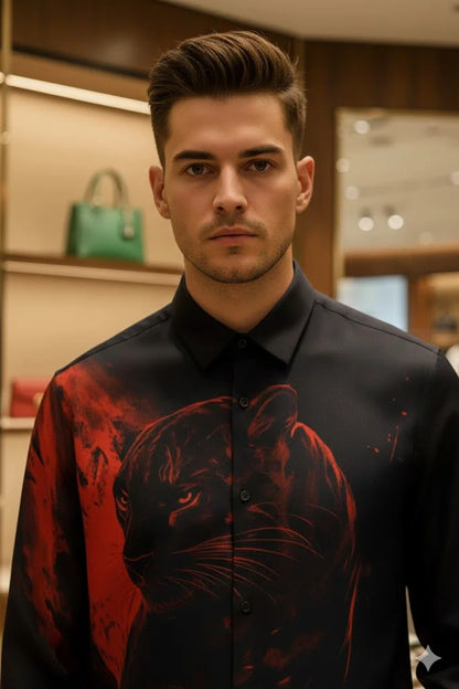 DOLCE GABBANA || Crimson Wildcat Motif Evening Shirt