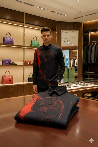 DOLCE GABBANA || Crimson Wildcat Motif Evening Shirt