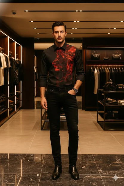 BALMAIN || Men’s Slim-Fit Black Poplin Shirt with Red Lion Motif Print