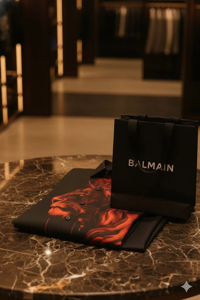 BALMAIN || Men’s Slim-Fit Black Poplin Shirt with Red Lion Motif Print