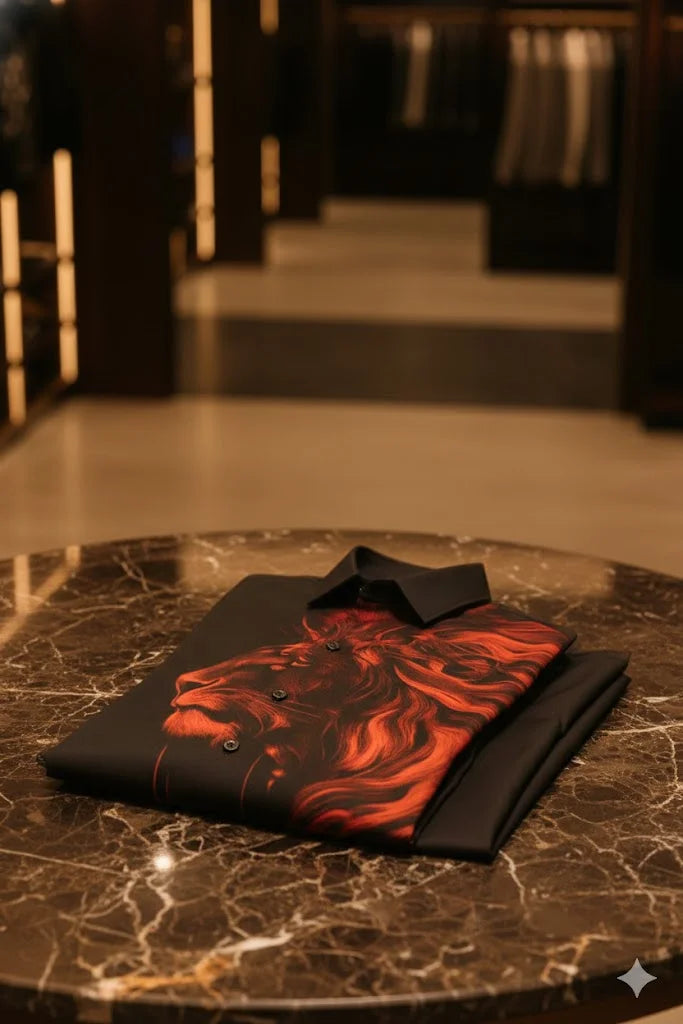 BALMAIN || Men’s Slim-Fit Black Poplin Shirt with Red Lion Motif Print