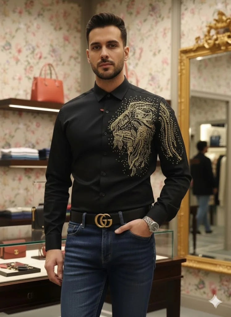 GUCCI || Men's Lion Head Crystal-Embellished Cotton Poplin Shirt