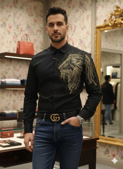 GUCCI || Men's Lion Head Crystal-Embellished Cotton Poplin Shirt