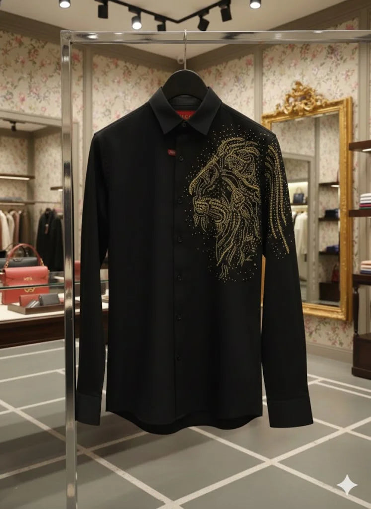 GUCCI || Men's Lion Head Crystal-Embellished Cotton Poplin Shirt