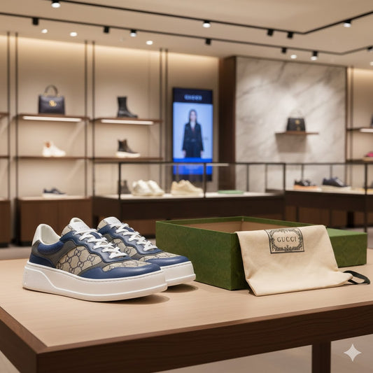 GUCCI || Re-Web Sneaker in GG Monogram and Blue Leather - FASHION MYST