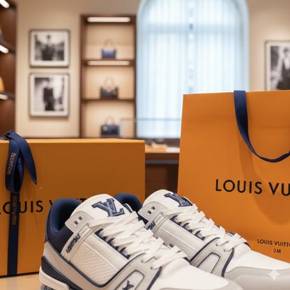 LOUIS VUITTON || LV Trainer Sneaker – White and Marine Blue Calf Leather