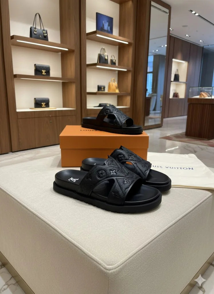 Louis Vuitton Waterfront Mules - Men's Black Monogram Sandals Louis Vuitton Waterfront Mules - Men's Black Monogram Sandals