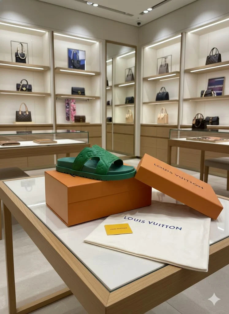 LOUIS VUITTON || Monogram Embossed Green Leather Waterfront Mules