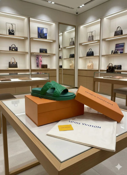 LOUIS VUITTON || Monogram Embossed Green Leather Waterfront Mules
