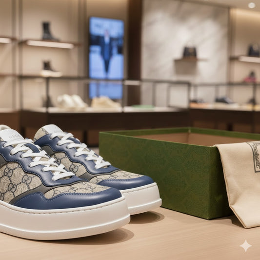 GUCCI || Re-Web Sneaker in GG Monogram and Blue Leather - FASHION MYST