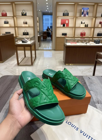 LOUIS VUITTON || Monogram Embossed Green Leather Waterfront Mules