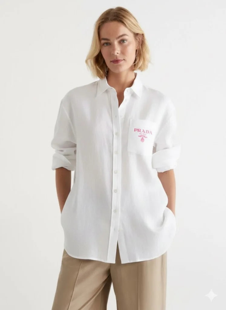 PRADA || Milano Women’s Logo Pocket Linen Shirt – Oversized Button-Down | Luxury Designer Blouse in Black & White