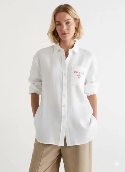 PRADA || Milano Women’s Logo Pocket Linen Shirt – Oversized Button-Down | Luxury Designer Blouse in Black & White