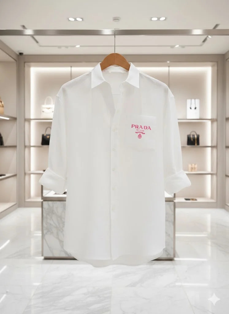 PRADA || Milano Women’s Logo Pocket Linen Shirt – Oversized Button-Down | Luxury Designer Blouse in Black & White