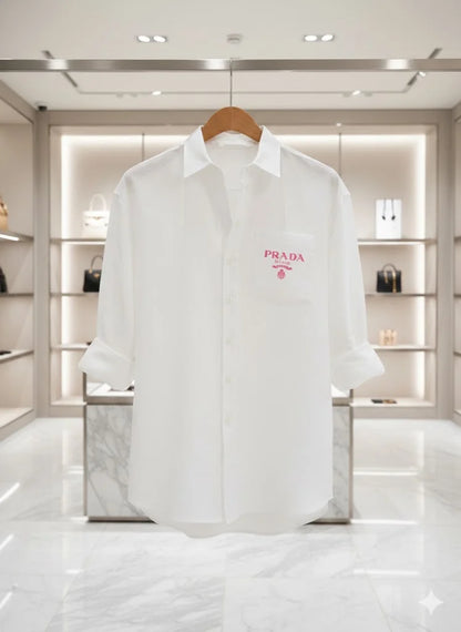 PRADA || Milano Women’s Logo Pocket Linen Shirt – Oversized Button-Down | Luxury Designer Blouse in Black & White