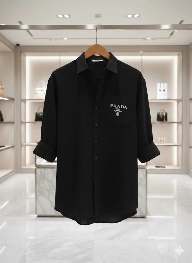 PRADA || Milano Women’s Logo Pocket Linen Shirt – Oversized Button-Down | Luxury Designer Blouse in Black & White