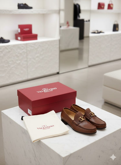 VALENTINO GARAVANI || VLogo Signature Leather Loafers in Brown