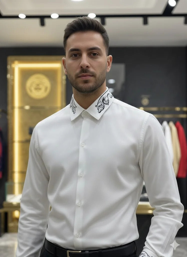 VERSACE || Embroidered Barocco Collar & Cuff Button-Down Shirt – Luxury Slim Fit Cotton Dress Shirt