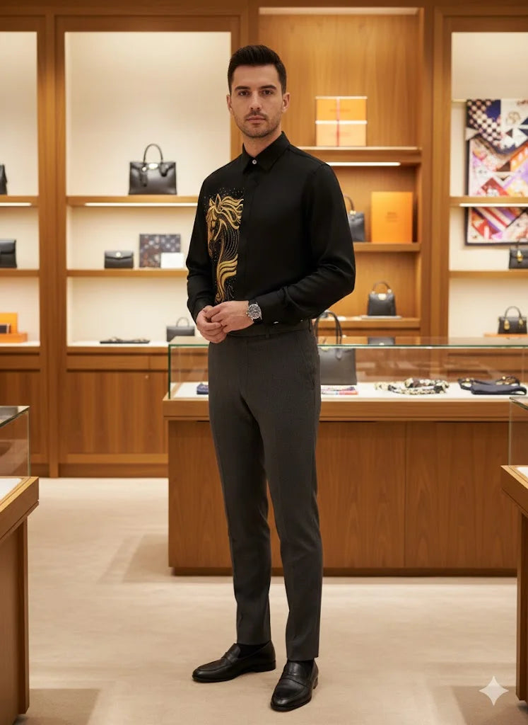 HERMES || Men's Embroidered Horse Motif Black Silk Button-Down Shirt