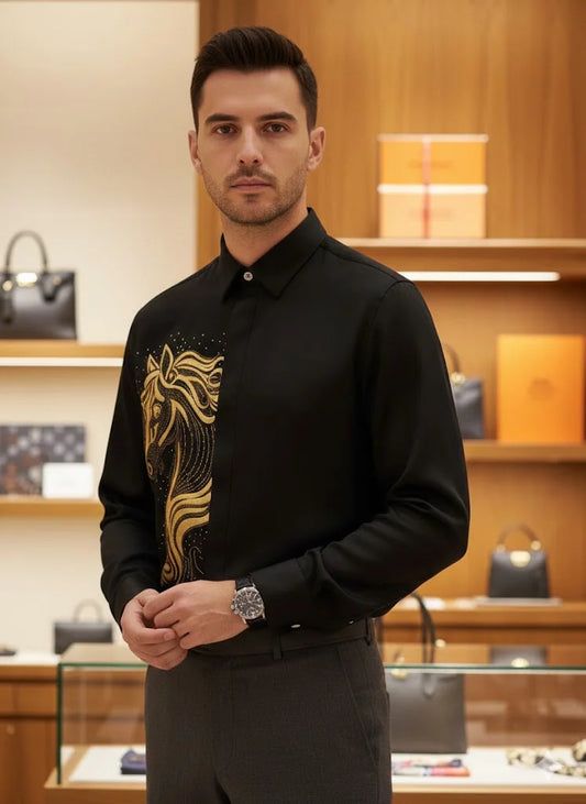 HERMES || Men's Embroidered Horse Motif Black Silk Button-Down Shirt