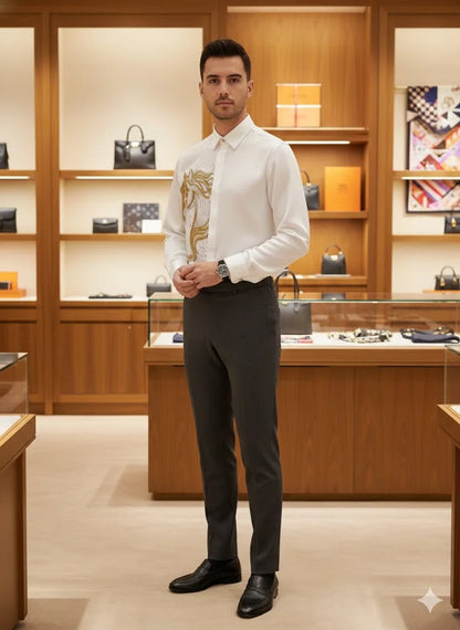 HERMES || Men's Embroidered Horse Motif Black Silk Button-Down Shirt