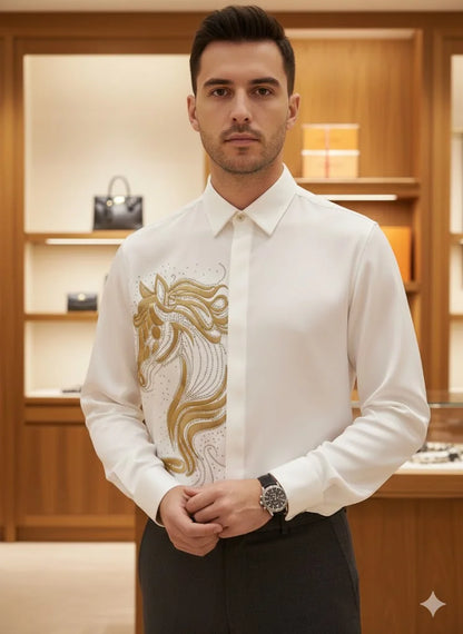 HERMES || Men's Embroidered Horse Motif Black Silk Button-Down Shirt