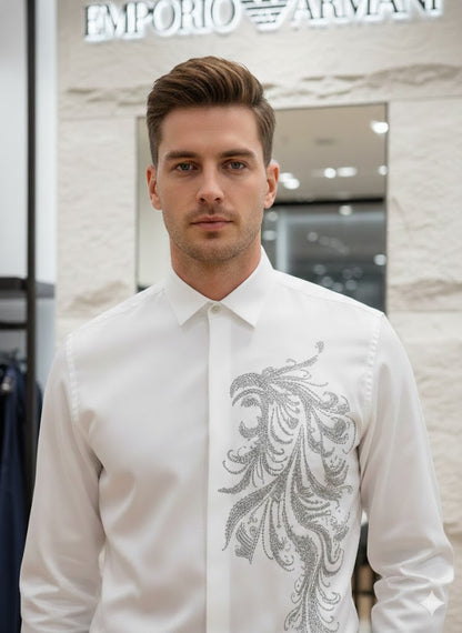 EMP*RIO ARM*NI || Men’s Slim-Fit Satin Shirt with Rhinestone Phoenix Embroidery