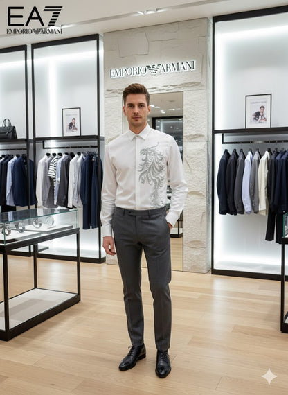 EMP*RIO ARM*NI || Men’s Slim-Fit Satin Shirt with Rhinestone Phoenix Embroidery