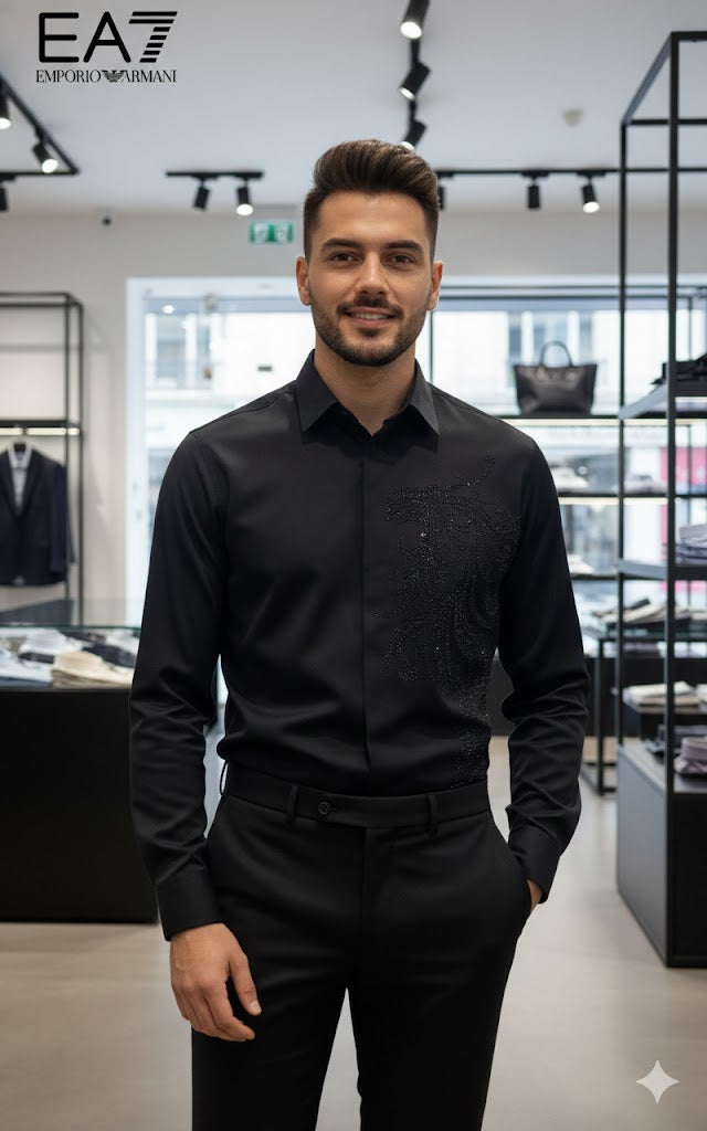 EMP*RIO ARM*NI || Men’s Slim-Fit Satin Shirt with Rhinestone Phoenix Embroidery