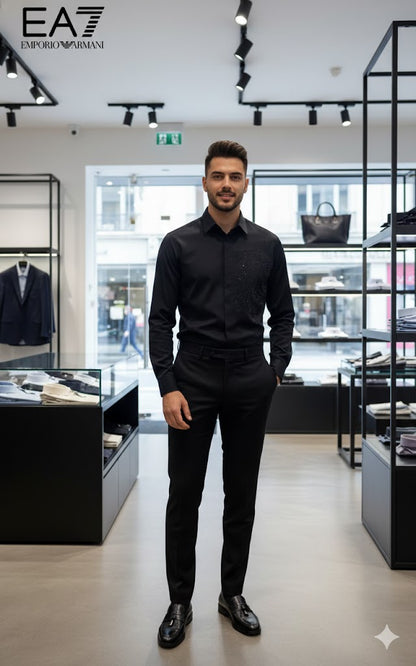 EMP*RIO ARM*NI || Men’s Slim-Fit Satin Shirt with Rhinestone Phoenix Embroidery