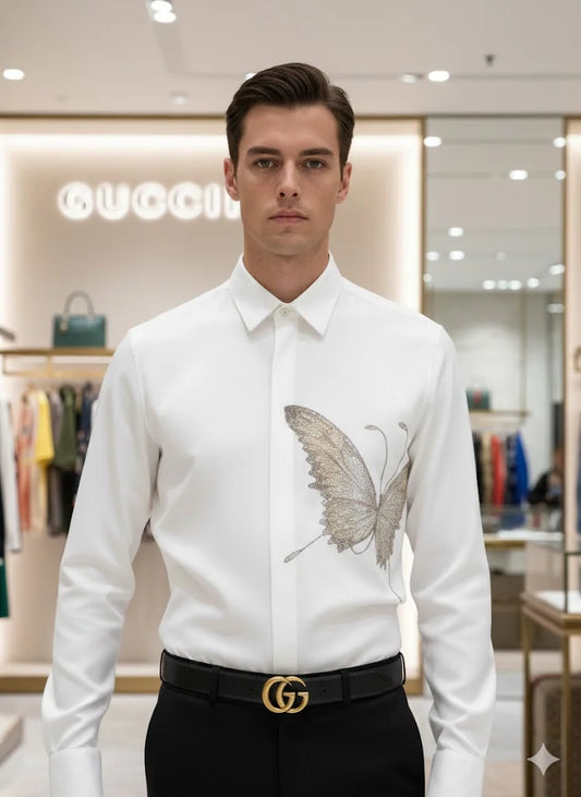 GUCCI || Men's Embroidered Butterfly Silk-Cotton Shirt – Limited Edition Crystal Embellished Button-Down