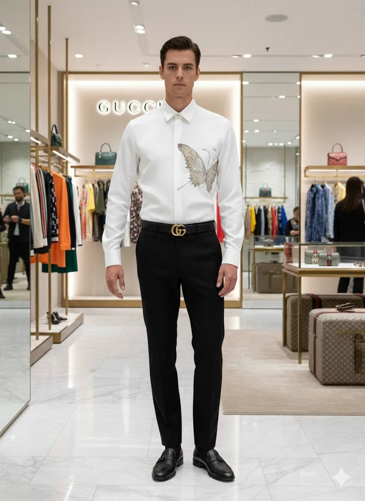 GUCCI || Men's Embroidered Butterfly Silk-Cotton Shirt – Limited Edition Crystal Embellished Button-Down