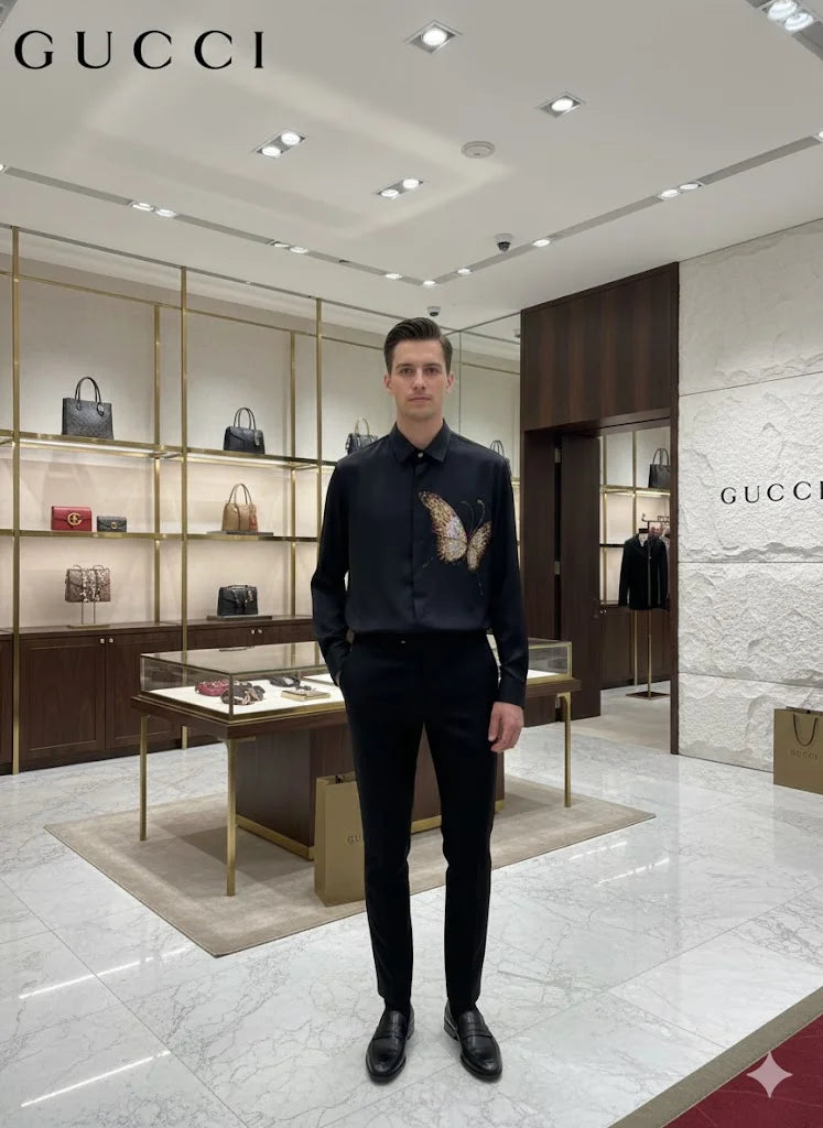 GUCCI || Men's Embroidered Butterfly Silk-Cotton Shirt – Limited Edition Crystal Embellished Button-Down
