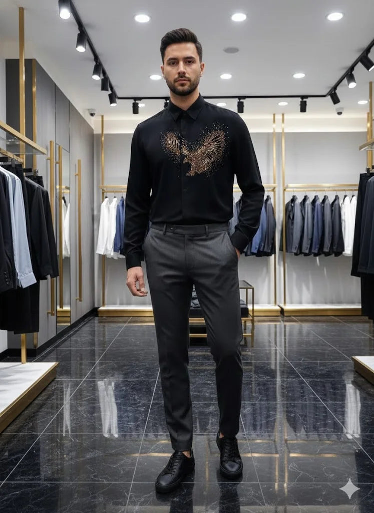ARM*NI EXCH*NGE || Men's Studded Eagle Slim-Fit Button-Down Shirt – Available in Black & White