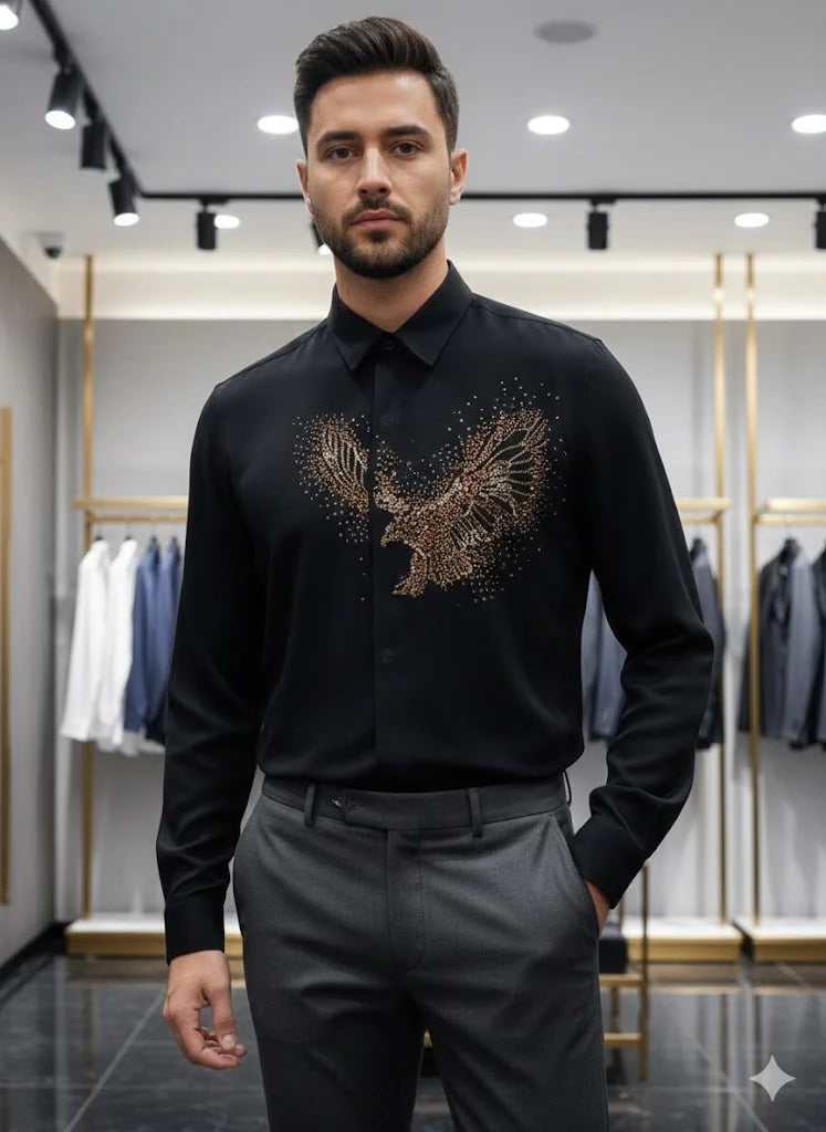 ARM*NI EXCH*NGE || Men's Studded Eagle Slim-Fit Button-Down Shirt – Available in Black & White
