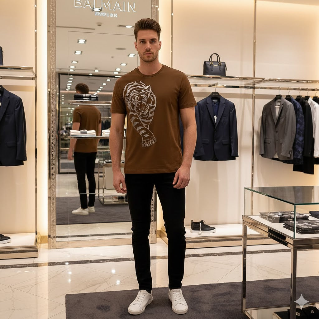 Balmain || Men's Rhinestone Tiger Graphic T-Shirt - Luxury Slim Fit Cotton Tee