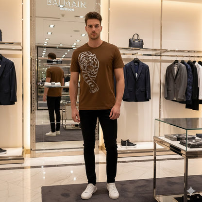 Balmain || Men's Rhinestone Tiger Graphic T-Shirt - Luxury Slim Fit Cotton Tee