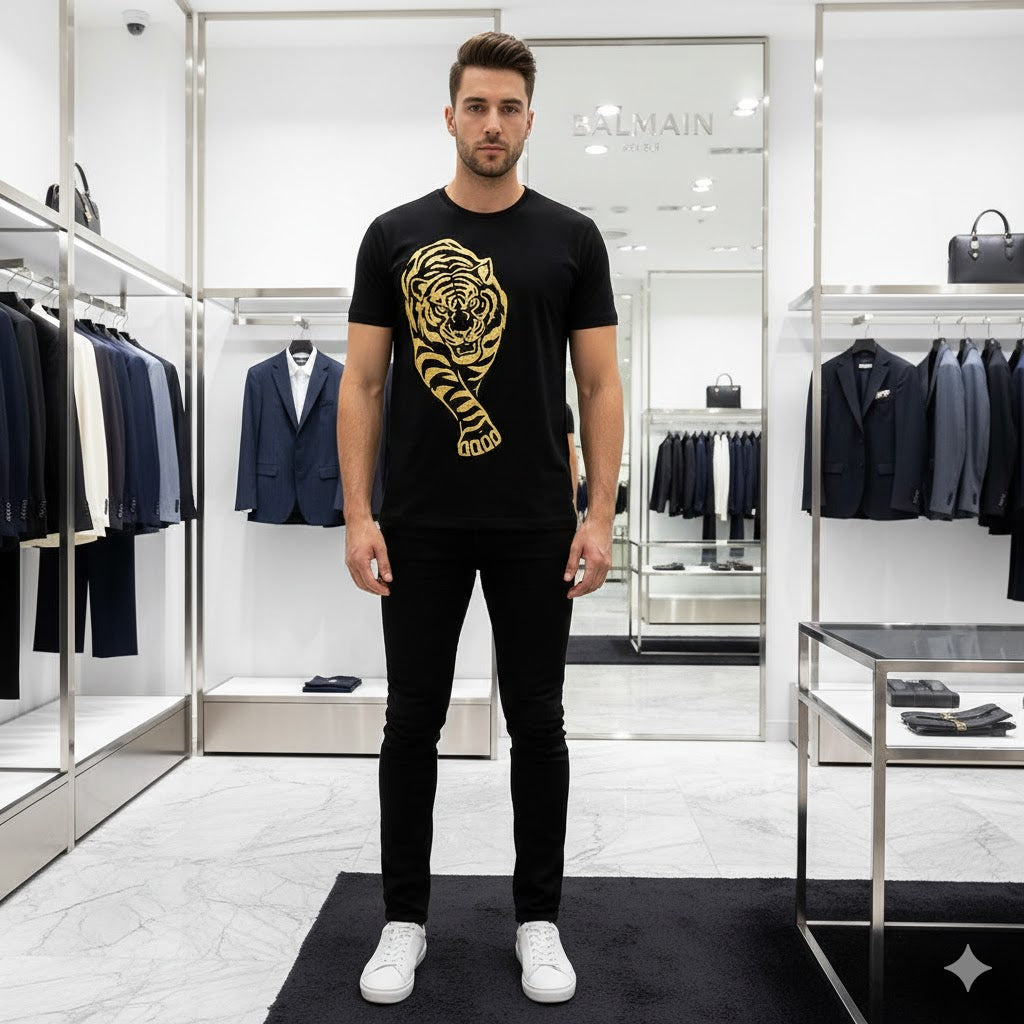 Balmain || Men's Rhinestone Tiger Graphic T-Shirt - Luxury Slim Fit Cotton Tee