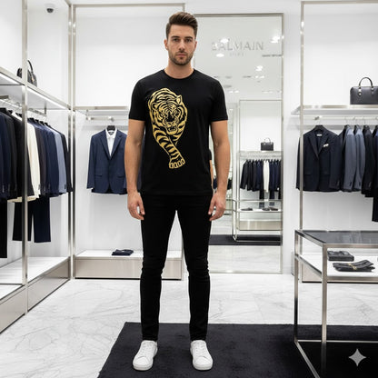 Balmain || Men's Rhinestone Tiger Graphic T-Shirt - Luxury Slim Fit Cotton Tee