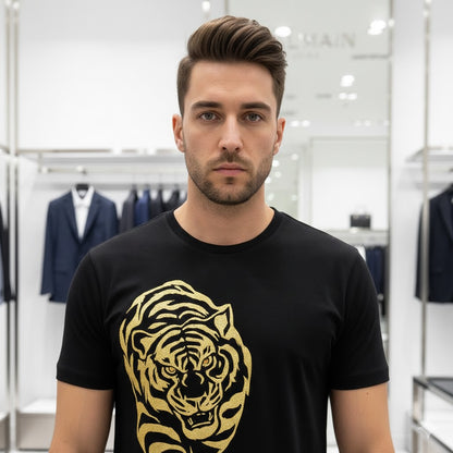 Balmain || Men's Rhinestone Tiger Graphic T-Shirt - Luxury Slim Fit Cotton Tee
