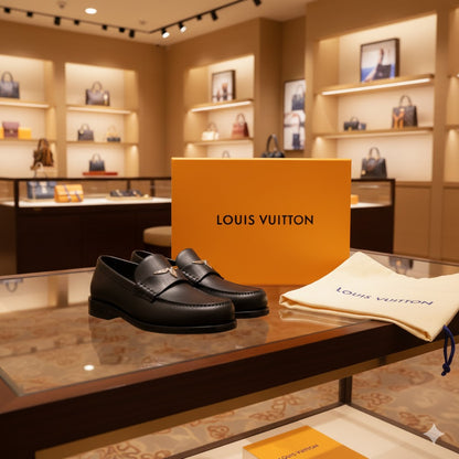 LOUIS VUITTON || Hockenheim Monogram-Trimmed Grained Leather Black Loafers