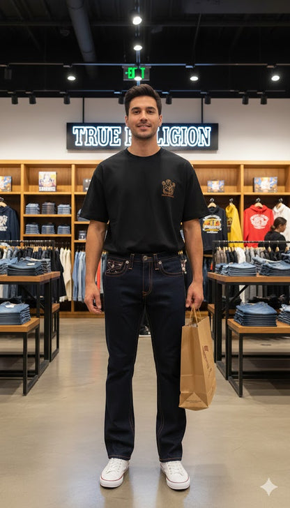 TRUE RELIGION || Men's Ricky Straight Leg Jeans – Dark Indigo with Paisley Monogram Horseshoe Stitch