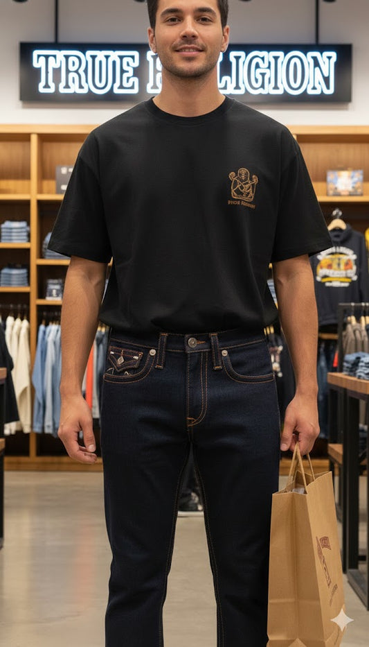 TRUE RELIGION || Men's Ricky Straight Leg Jeans – Dark Indigo with Paisley Monogram Horseshoe Stitch FASHION MYST